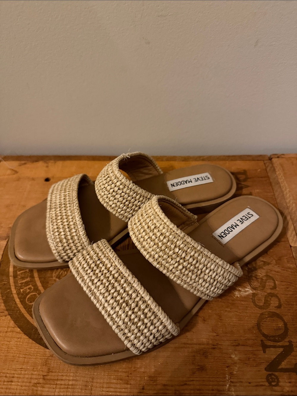 Steve Madden Beige Woven Double-Band Slide Sandals